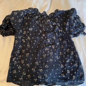 Madewell Navy Blue and Cream Puff Sleeve Blouse